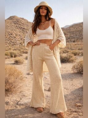 Free People Beach heavyweight oatmeal ribbed wide leg flare sweater pants small